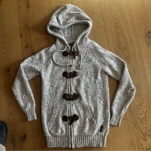 ROOTS Salt & Pepper Zip up W/ Leather & Wood Buttons Hooded Cotton Sweater,  SM